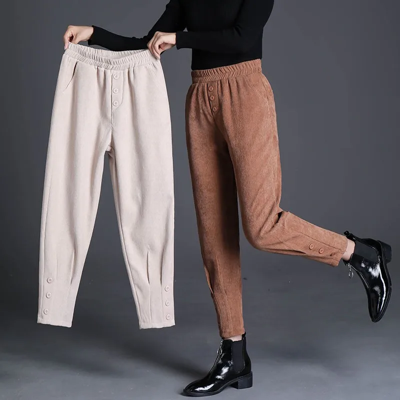 

Elegant High-quality Loose Harem Pants Women Elastic Waist Trouser Female Mom Casual Plus Velvet Thick High Waist Corduroy Pants