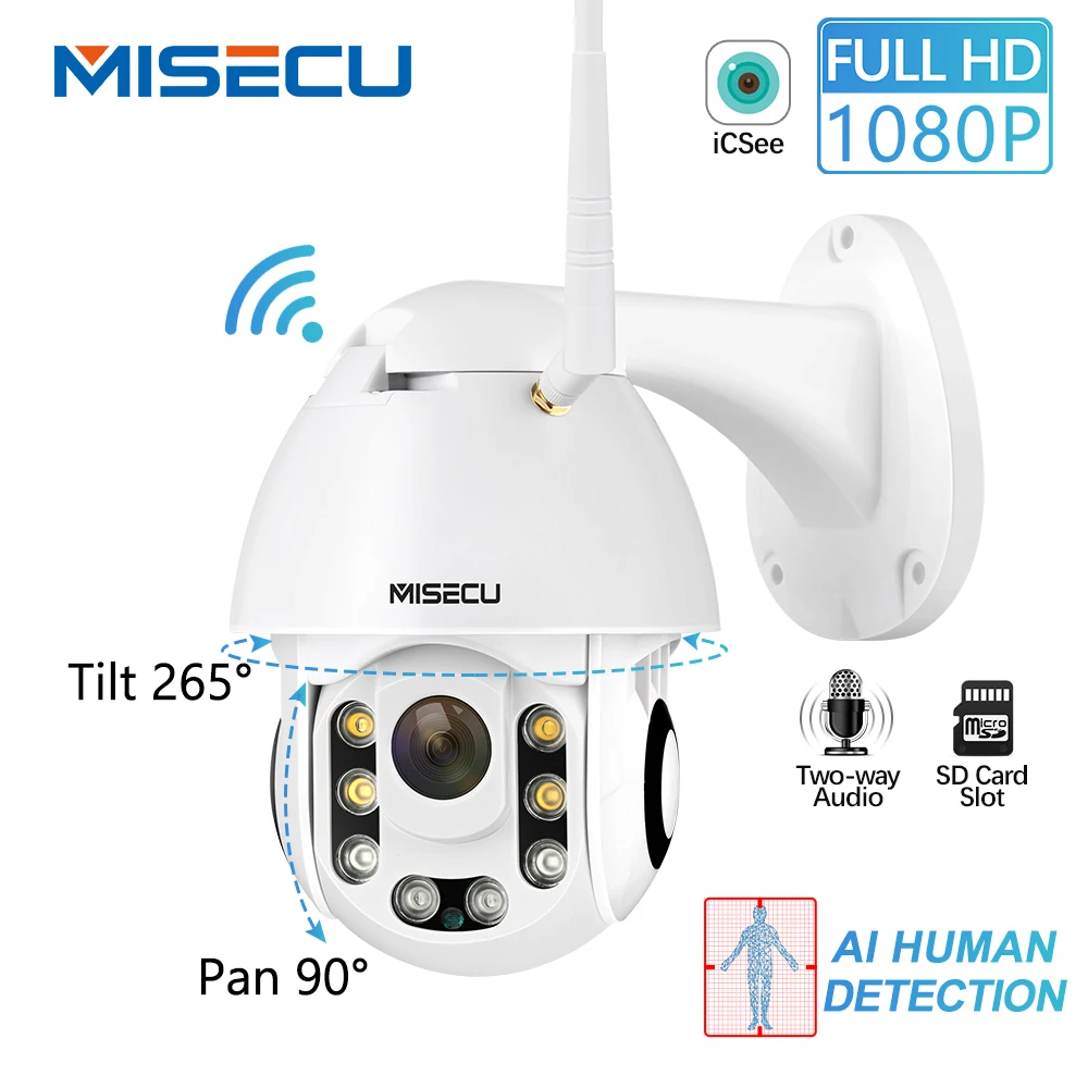

MISECU HD 1080P Wireless IP Camera AI Human Detection Pan Tilt 2MP Security Camera SD Card Outdoor Waterproof Power Adapter free