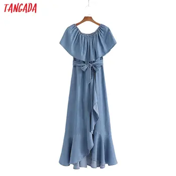 

Tangada women denim off shoulder dress with slash slash neck short sleeve 2020 summer females long dresses vestidos 1D196