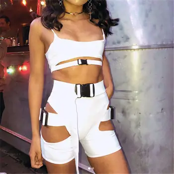 

Streetwear Buckle Sexy Hot Two Piece Sets Women Cut Out 2020 Neon Color Outfits Casual Summer Biker Shorts And Top Sets