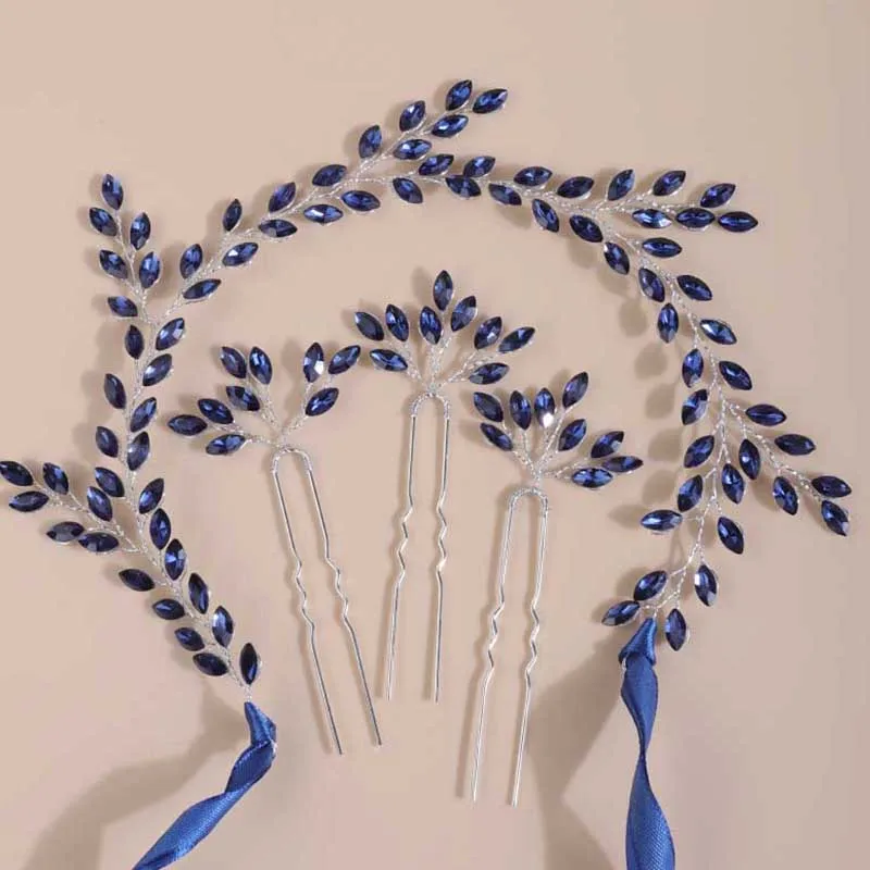 Bridal Blue Red Headband with Hair Pins Crystal Wedding Headpieces for Bride Rhinestones Vine Wedding Accessories for Flowe