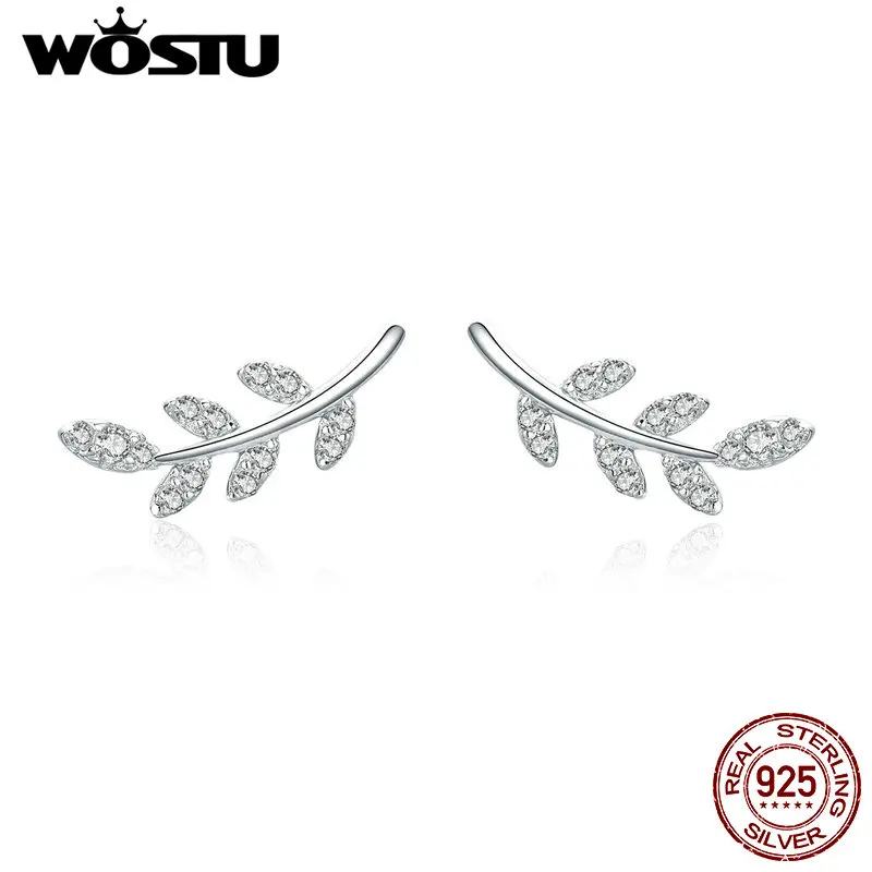 WOSTU подлинные 925 пробы серебряные серьги в виде листьев, циркониевые маленькие серьги-гвоздики для женщин, корейская мода, минималистичные ювелирные изделия CTE031
