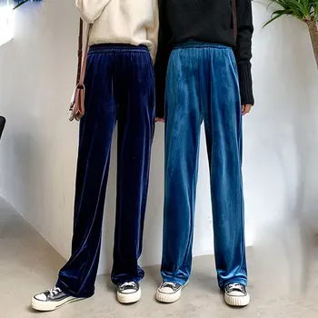 

Velvet Straight Trousers Loose Casual Autumn Spring Women Pants Wide Leg High Waist Elastic Pockets Women Long Pants