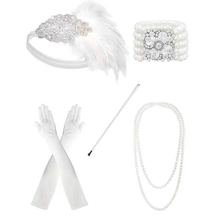 1920s flapper dress accessories Retro Party props GATSBY CHARLESTON headband pearl necklace white feather band for wedding halloween outfits Cosplay Costumes