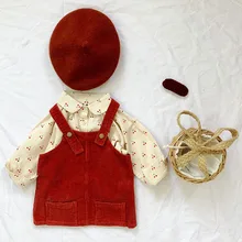 Комплекты одежды для маленьких девочек от 1 до 6 лет Новинка года; вельветовое платье на бретелях+ рубашка с изображением вишен; комплекты из 2 предметов одежда для маленьких девочек в Корейском стиле