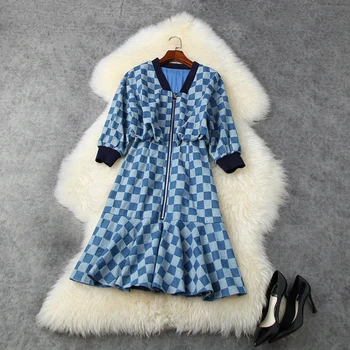 

Seifrmann Women Autumn Fashion Designer Party Midi Dress Lantern Sleeve Ruffles Plaid Printed Ladies A-Line Dresses vestidos