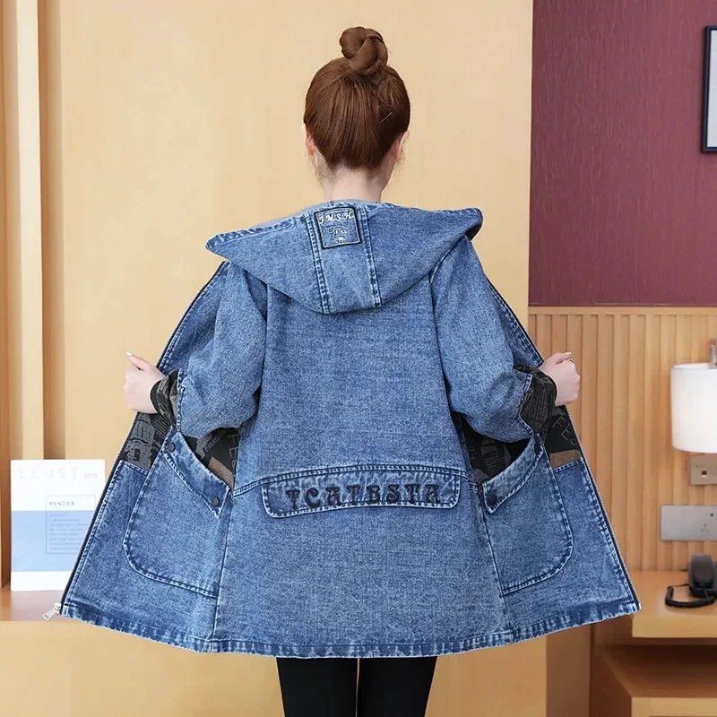 

Mid-Length Stitching 4XL Denim Jacket Women Spring And Autumn 2023 New All-Match Coat Hooded Zipper Jeans Female L441
