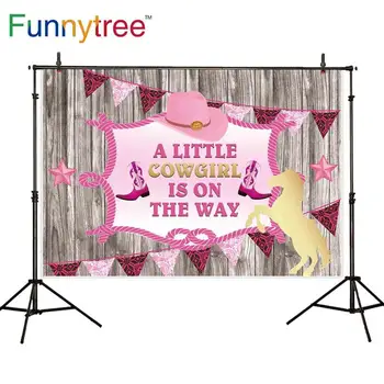 

Funnytree Cowgirl Baby Shower Backdrop Pink Birthday Party Wooden Frame Flag Gold Horse Princess Rustic Photography Background