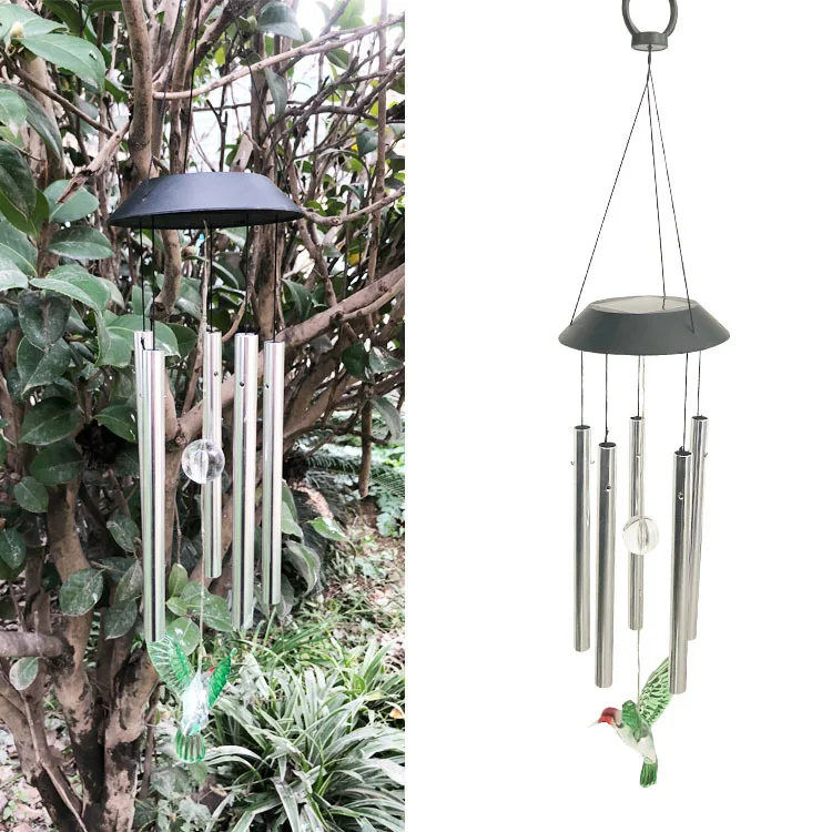 

New Style LED Solar Black Shell Stainless Steel Tube Color Bird Wind Chime Chandelier Outdoor Waterproof Decoration Landscape Ga