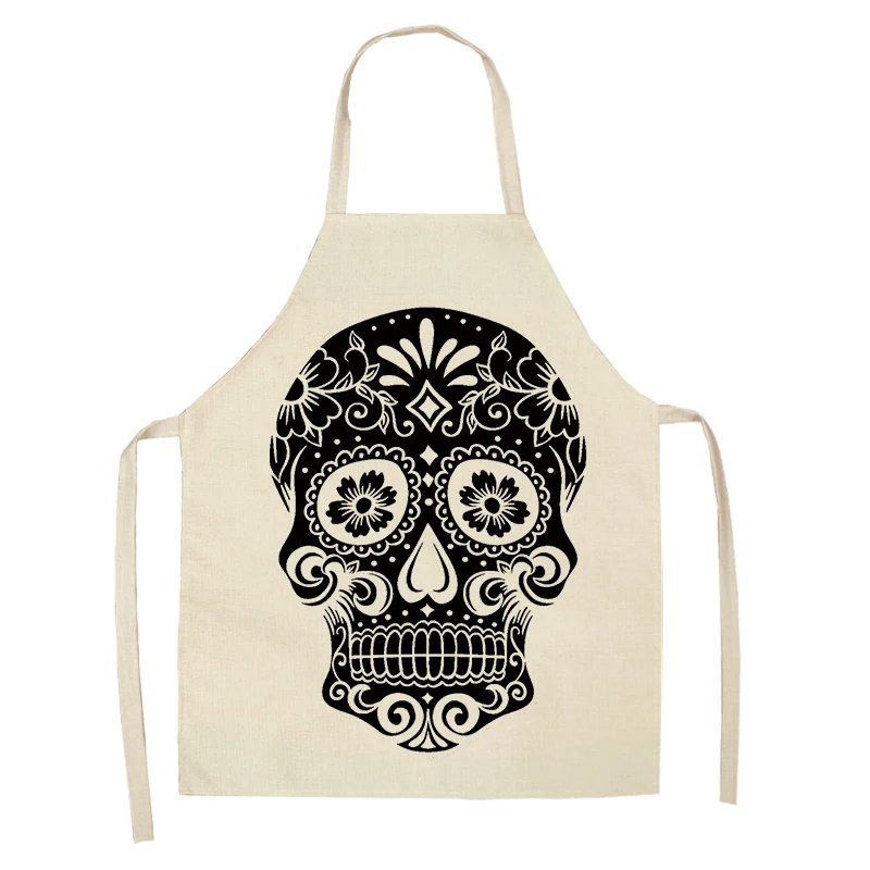 Skull Pattern Kitchen Apron For Cooking Sleeveless Cotton Linen Aprons Adult 