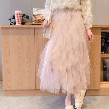 

Maxi Long Skirt Elegant Princess Undulating Fairy Irregular Mesh Gauze Tutu Skirts Womens Bouffant Puffy Pleated Skirt #5.29