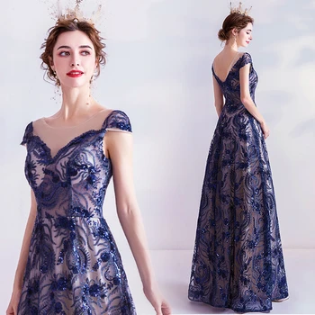 

Blue Evening Dress A-line Tulle Flowers Sequins Vintage Elegant Formal 2020 New Party Dresses Evening Gowns JA03