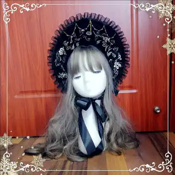 

Palace Style Black Gold Gothic Vintage Lolita Lace Bandage Bow Victorian Half-head Bonnet Women's French Sunhat Handmade Hat