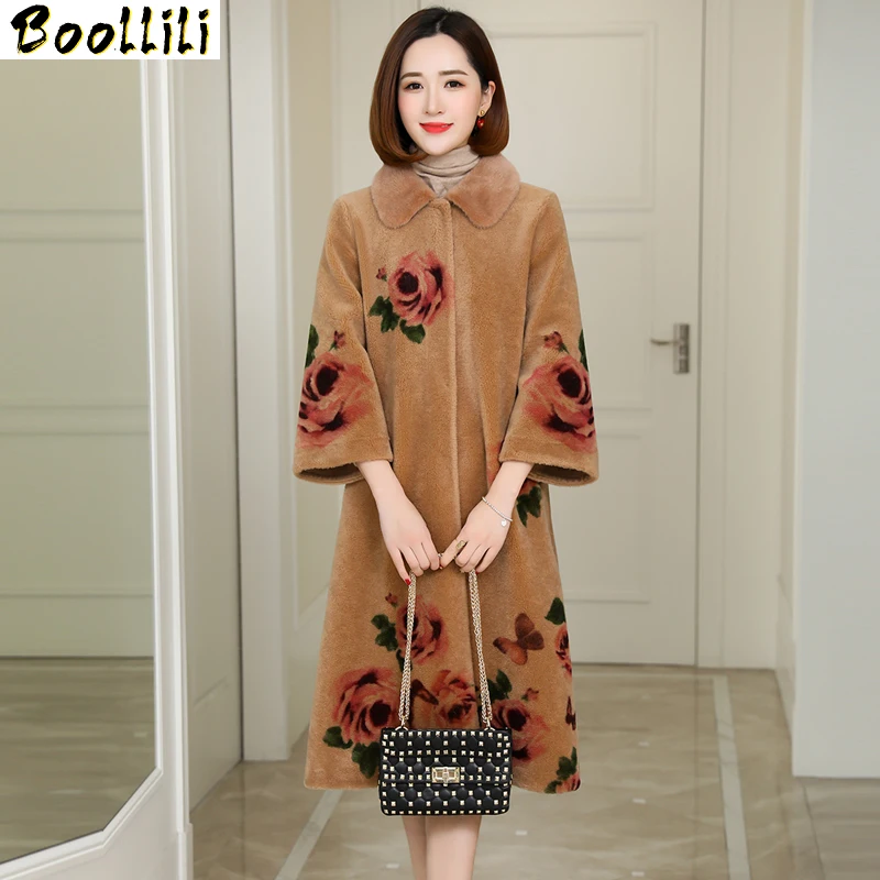 

Boollili Winter Coat Women Sheep Shearling Real Fur Coat Female Mink Fur Collar Wool Coats Print Long Jacket Manteau Femme