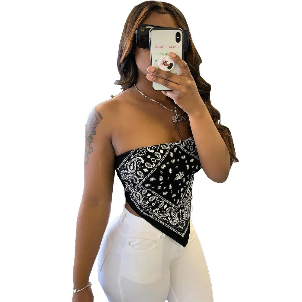 Echoine 2020 Summer  Casual T-Shirts Women Strapless Sleeveless bandana National Print Sexy Tees Night Club Party Slim Crop Tops