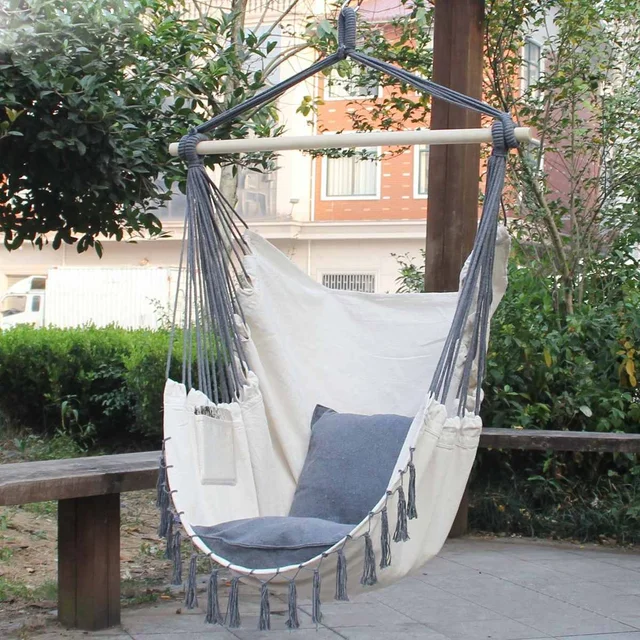 Hammock Chair Hanging Rope Swing Max 330 Lbs-2 Cushions Included Large  Macrame Hanging Chair with Pocket - AliExpress