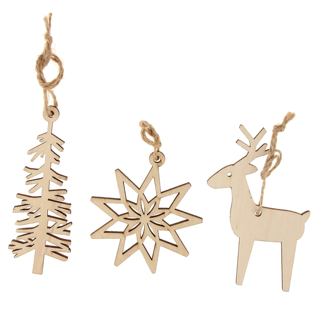 3pcs Snowflake Deer Wood Christmas Tree Pendants Hanging Ornament Gift Tags