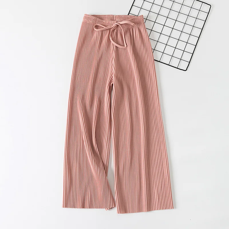 Woherb/ широкие брюки корейские повседневные шифоновые штаны с повязкой летние свободные эластичные однотонные штаны со складками с высокой талией Pantalon Femme - Цвет: Розовый