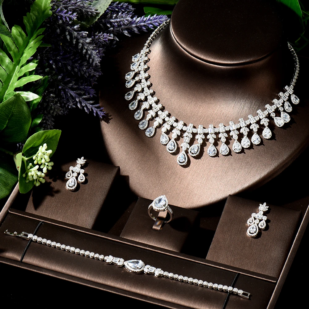 

HIBRIDE Classic Zirconia Wedding Jewelry Sets Water Drop 4 pcs Necklace Earring Set for Women Anniversary Party Show bijoux N-81
