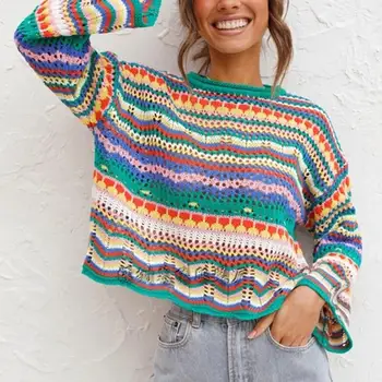 Autumn Rainbow Sweater Women Harajuku Jumper Striped Casual Long Sleeved Pullovers Korean Vintage Knitwear Y2K Sweatshirt 4