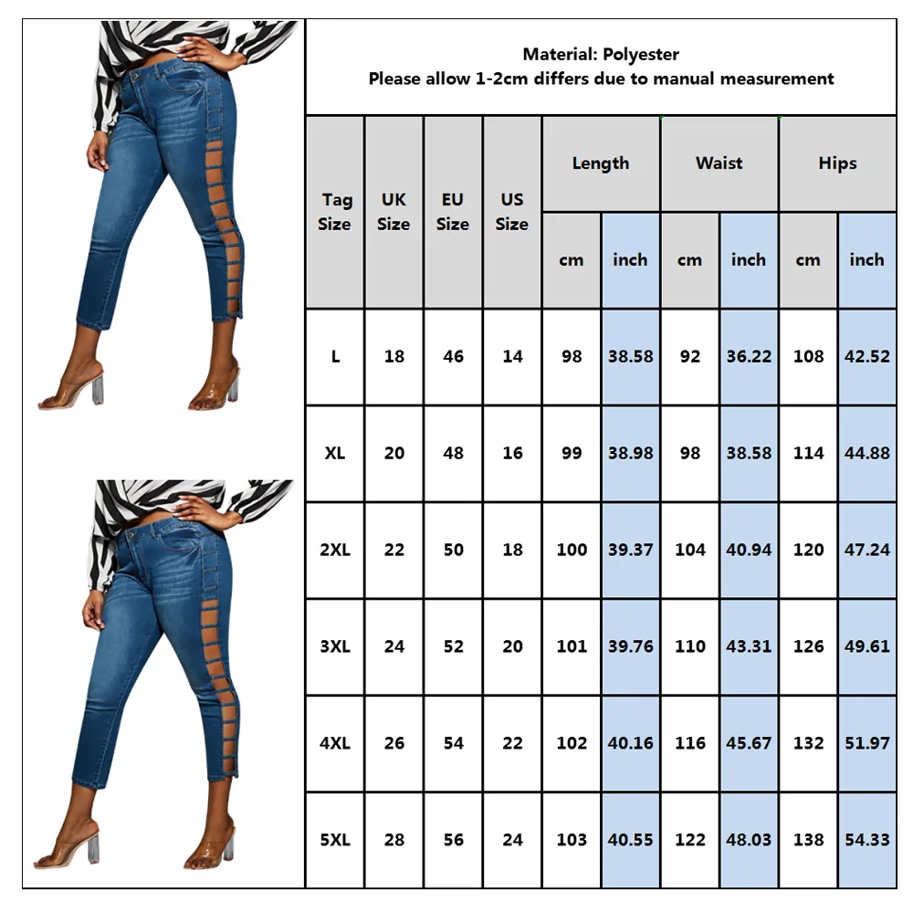 5XL Plus Size Ladies Jeans Side Hollow Out pantalones vaqueros mujer High Waist Jeans Casual Skinny Jeans Casual Denim Pant D25