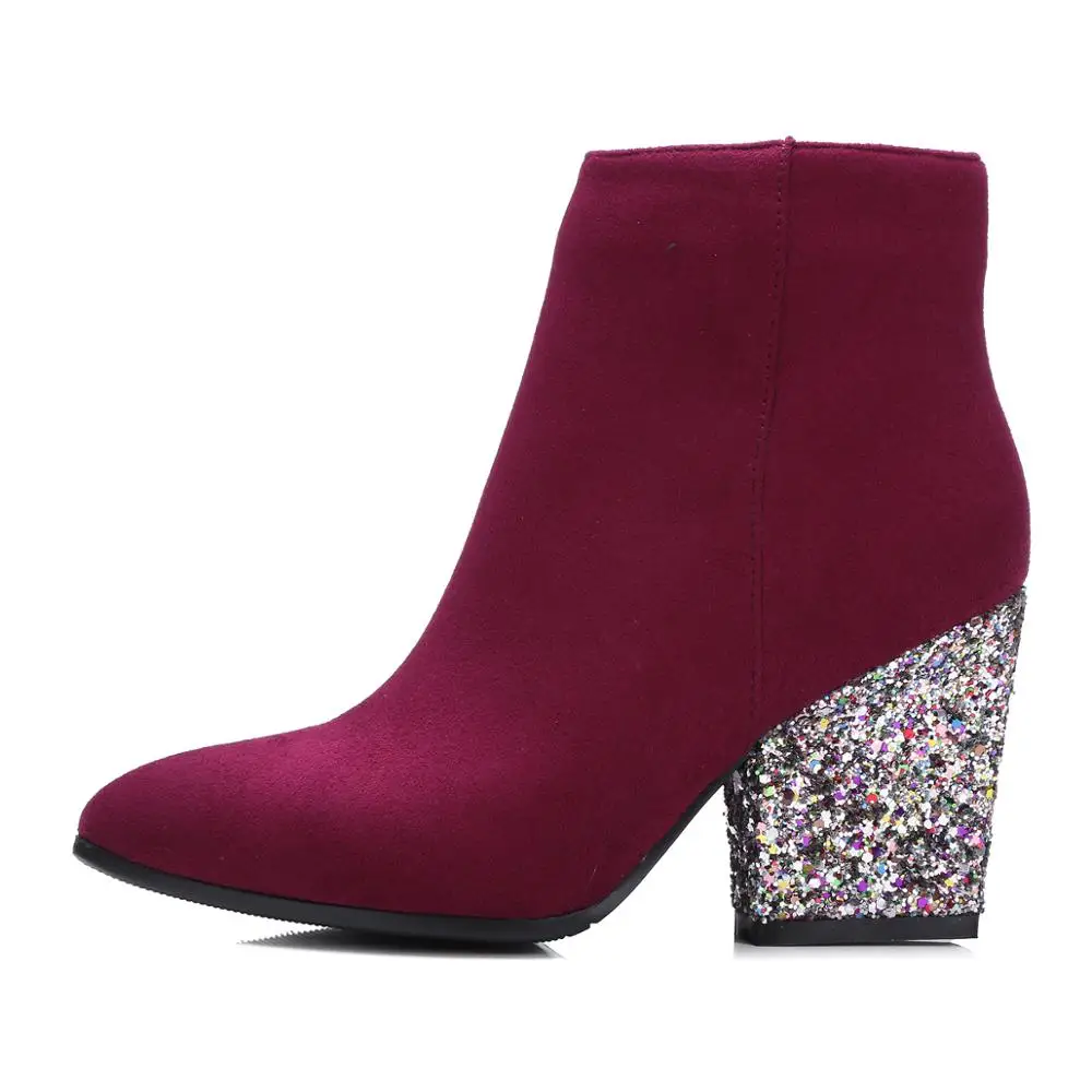 

Bling Chunky Heel Booties for Women Fashion Faux suede Winter Boots ladies Party Wedding Ankle Boots Black Red Gray Short Boots