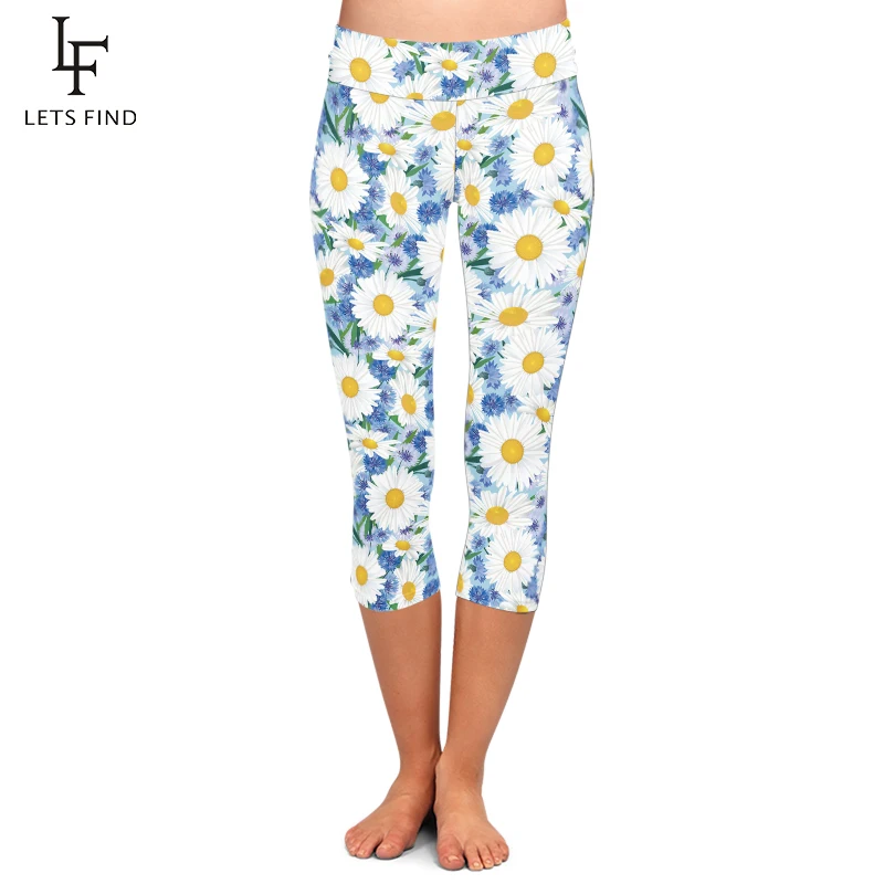 leggins LETSFIND Summer Beautiful Flowers Print Capri Leggings High Waist Plus Size Soft and Comfortable Fitness Mid-Calf Leggings spanx pants Leggings