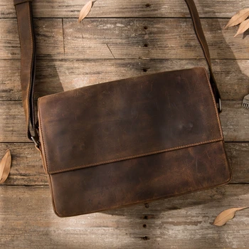 

Genuine Leather Handbag Crossbody Shoulder Bag Vintage Leather Men Briefcase Casual Bag Cowhide Men's Crazy Horse Leather Soft