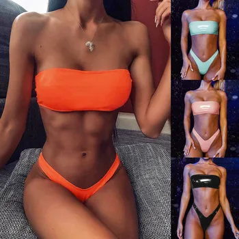 

Sexy Stripe Bandeau Tube Top Bikinis Women One Shoulder Bathing Suit Swimwear Low Waist Swimsuit Female Summer Beachwear biquini