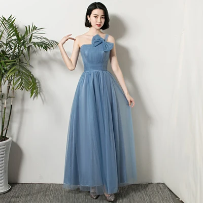 Серое голубое платье для подружки невесты длинное плюс размер для гостей свадебное элегантное Тюлевое ТРАПЕЦИЕВИДНОЕ Новогоднее вечернее платье сексуальные принцессы выпускного вечера - Цвет: gray blue longC