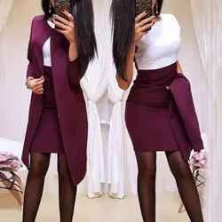 Conjunto de 2 piezas para mujer, traje largo de oficina de color sólido, chaquetas ajustadas, minifaldas, trajes de negocios elegantes para mujer 2021