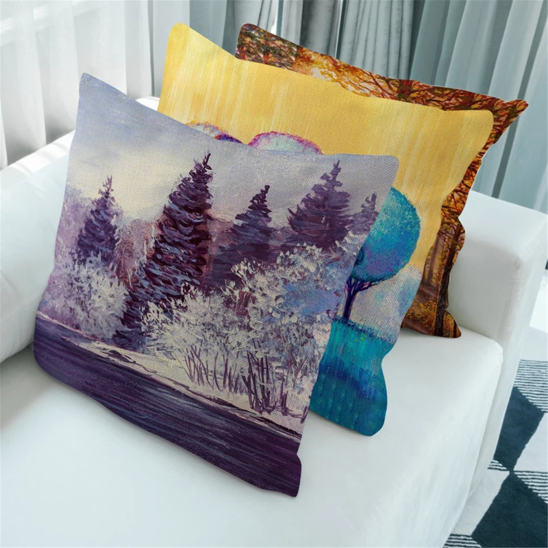 

45x45 Cushion Cover Forest Lake Abstract Peach Skin Pillows Cover Sofa Bed Decorative Pillows Case Home Decoration Winter