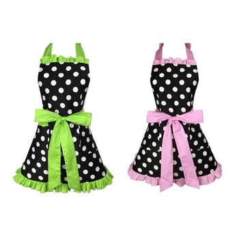

2 Pcs Christmas Lovely Retro Kitchen Aprons Cotton Polka Dot Cooking Apron Dress, Green & Pink