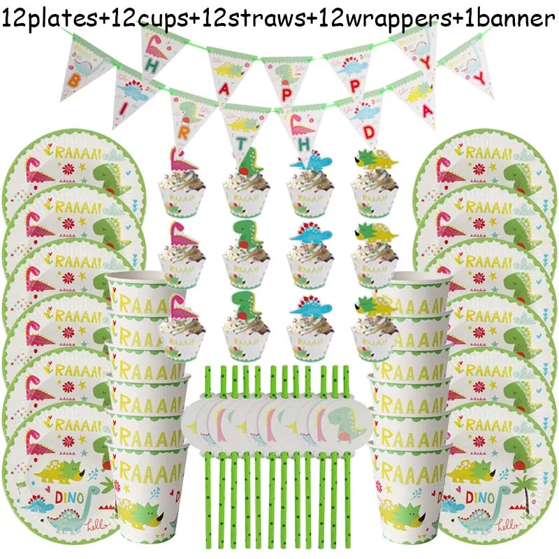 

49pcs Disposable Tableware Set Dinosaur Party Paper Straw Cups Paltes Cake Wrappers Banner Jungle Party Kids Birthday Decoration