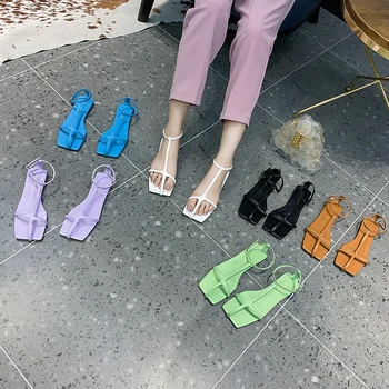 

Women Flats Sandals Square Toe Fashion Shoes T Strap Hollow Flats Sandals Ankle Strap Summer Casual Beach Shoes Woman Purple