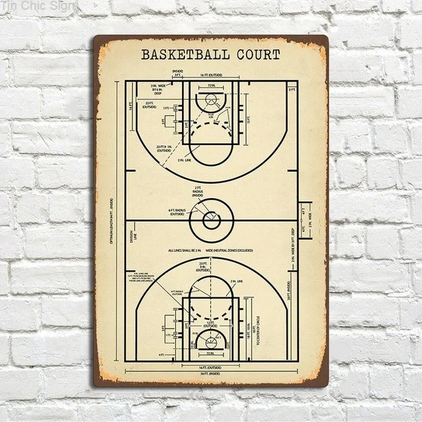 Basketball Court Diagram Vintage Metal Tin Sign Pin Up Metal Sign Wall Sign Metal Decor Wall Decor(20cmx30cm) SHH8