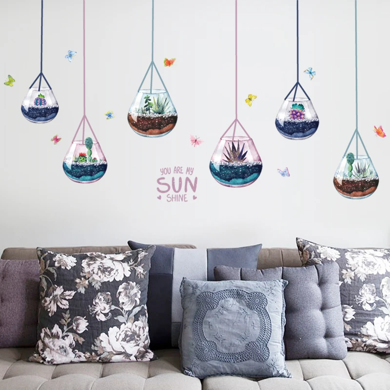 

Cartoon Glass Succulents Chandelier Wall Stickers Home Decoration Bedroom Bedside Decals Kids Birthday Gifts
