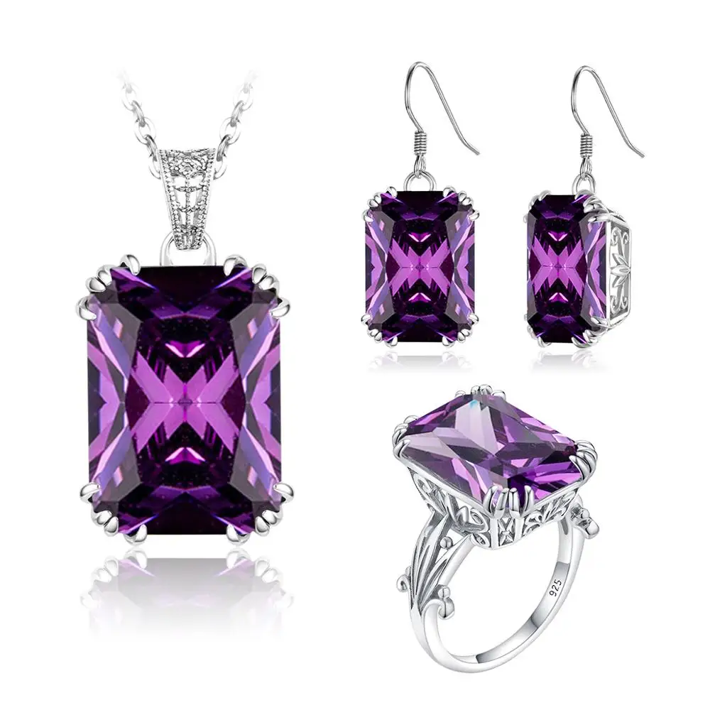 

Szjinao Silver Jewelry Set for Women Real 925 Sterling Silver Purple Crystals Earrings Pendant Ring Set Vintage Fine Jewelry New