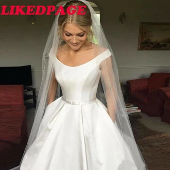 

LIKEDPAGE Simple Belt A Line Wedding Dresses 2020 Satin Off The Shoulder Wedding Bridal Gowns Sweep Train Zipper With Buttons