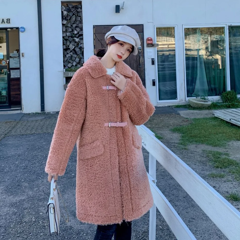 

Photo Shoot in by Age Pastoral Style Lambs Wool Orange over-the-Knee Mid-length Fold-down Collar Lace-up Woolen Cloth Coat Women