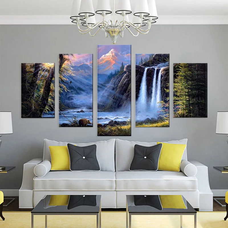 5 Pieces Natural Landscape Wall Art Home decoration Painting canvas Blue Waterfall Prints picture Living room Bedroom Decoration | Дом и сад