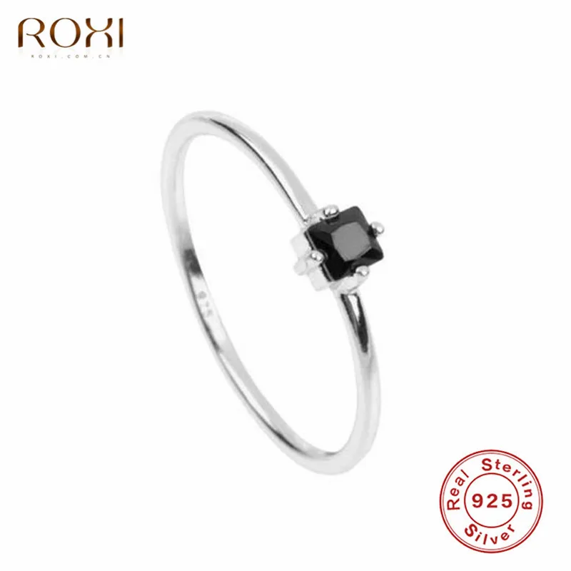 ROXI 925 пробы серебряные кольца, свадебные украшения и тонкой подошвой; Цвет Черный Камень Кольца с настоящими Австрийскими кристаллами Для женщин украшения для пальцев изысканные Обручение кольца