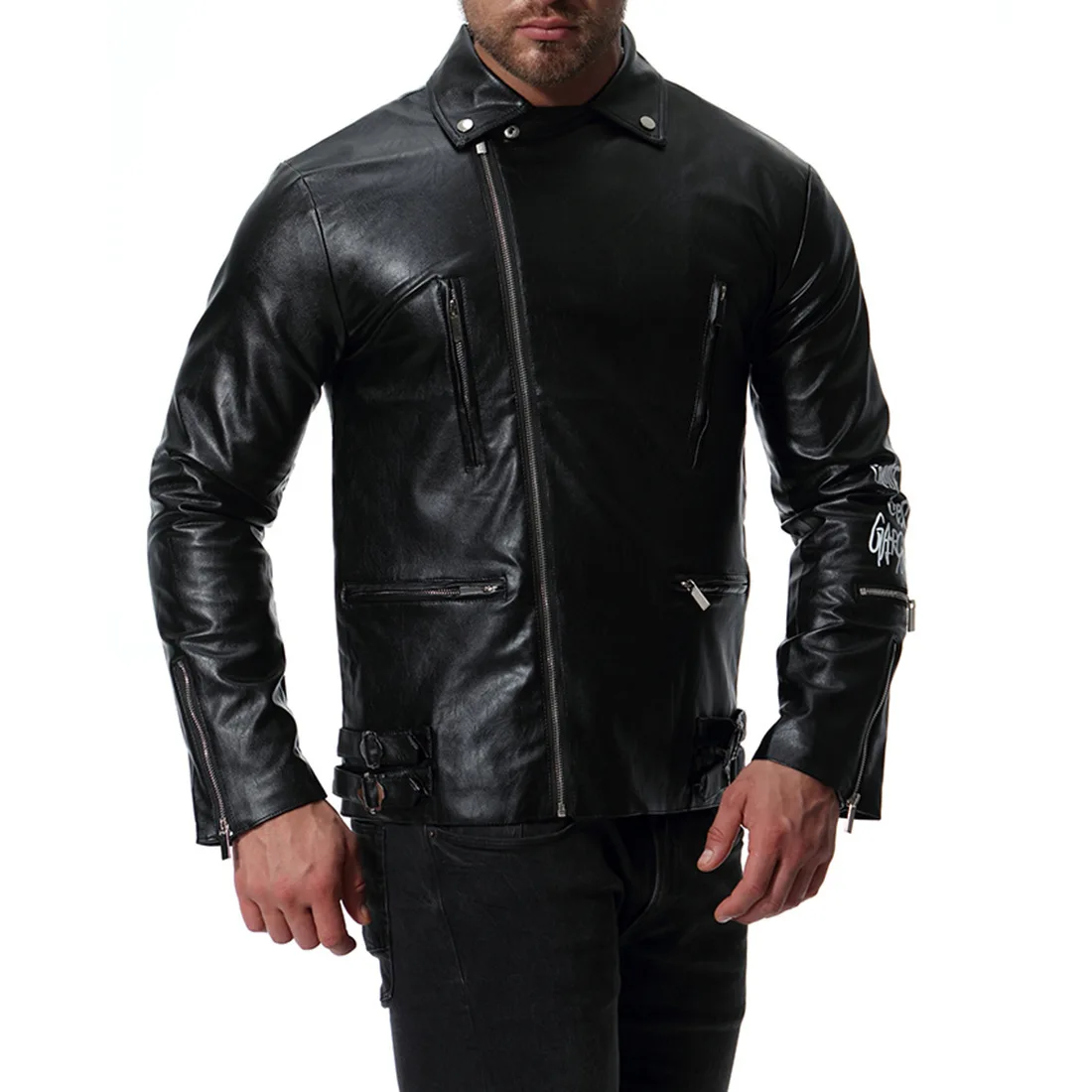 Ouma Men Locomotive Multi-Zipper Printed Leather Coat Europe And America Fashion-Leather Jacket Coat Xb034