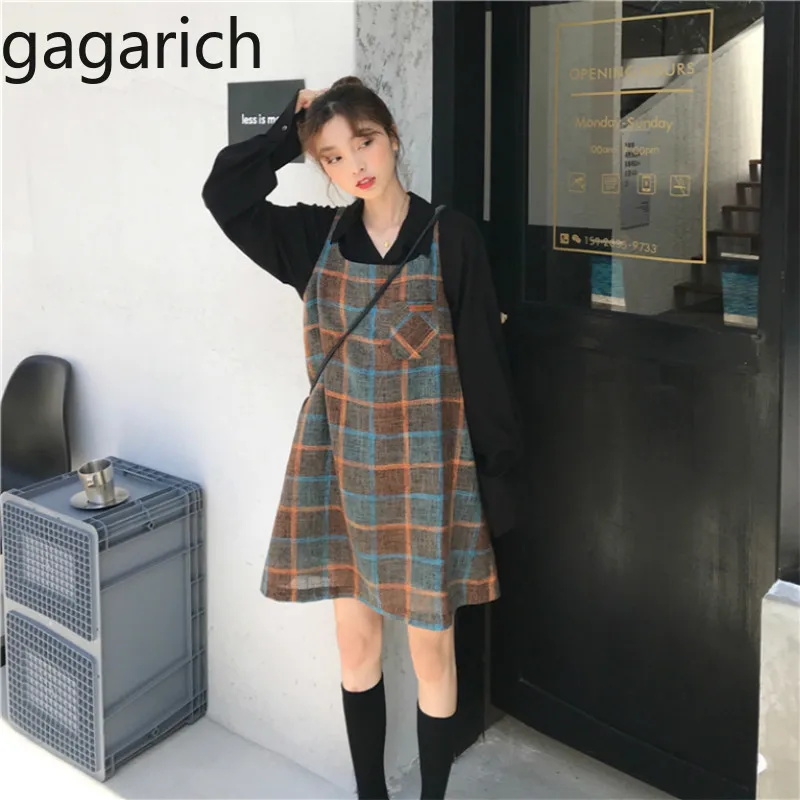 

Gagarich Women Two Piece Set Spring 2020 New Style Plaid Strapped Dress Black Shirt Fashion Casual Suit Elegant Femme