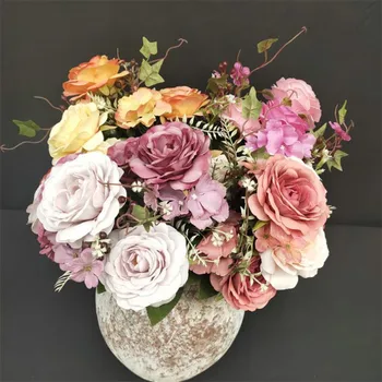 

7Pcs Fake Rose & Hydrangea (11 stems/bunch) 33.46" Length Simulation Autumn Roses for Wedding Home Decorative Artificial Flowers