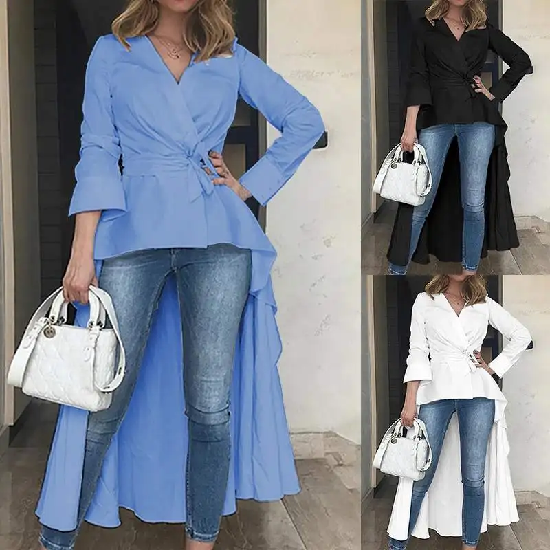  Oversized Women Shirt Asymmetrical Hem Tunic Tops ZANZEA Lady Causal Work Office Chic Blusas Sexy V