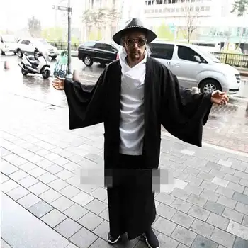 

Men's new solid color bat sleeve loose trend kimono Japanese cardigan coat windbreaker medium length versatile black