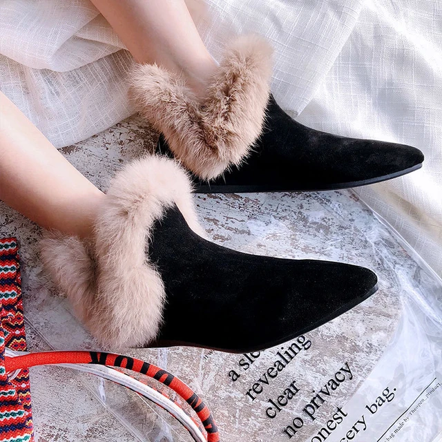 Women Winter Boots Real Leather Women Fluffy Flat Booties Ladies Metal  Buckles Furry Shoes Warm Rabbit Fur Botas Plus Size - AliExpress