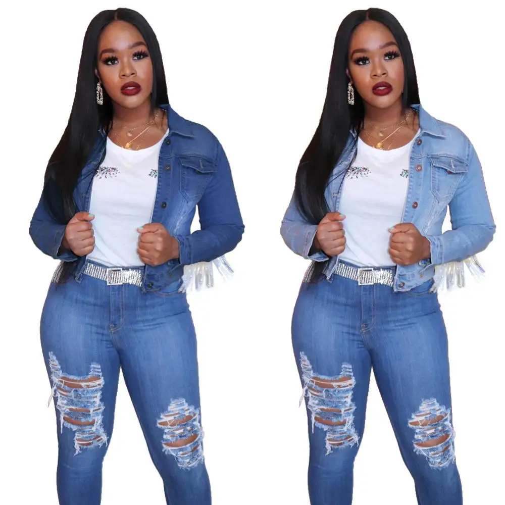 

Tassels Denim Short Jackets Coats 2020 Autumn Women Long Sleeve Buttons Bomber Slim Streetwear Casual Plus Size Blue Jean Jacket