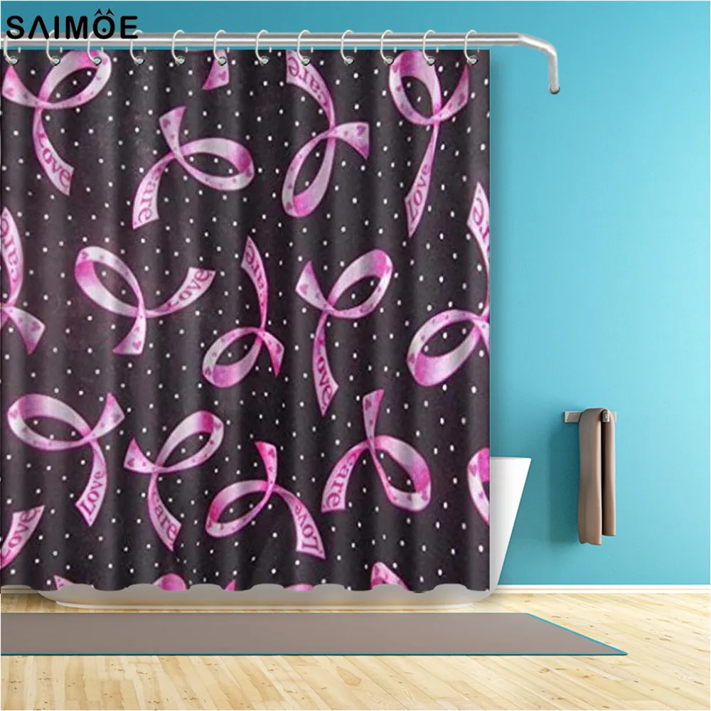 Breast Cancer Pink Ribbon Shower Curtain Black Waterproof Polyester